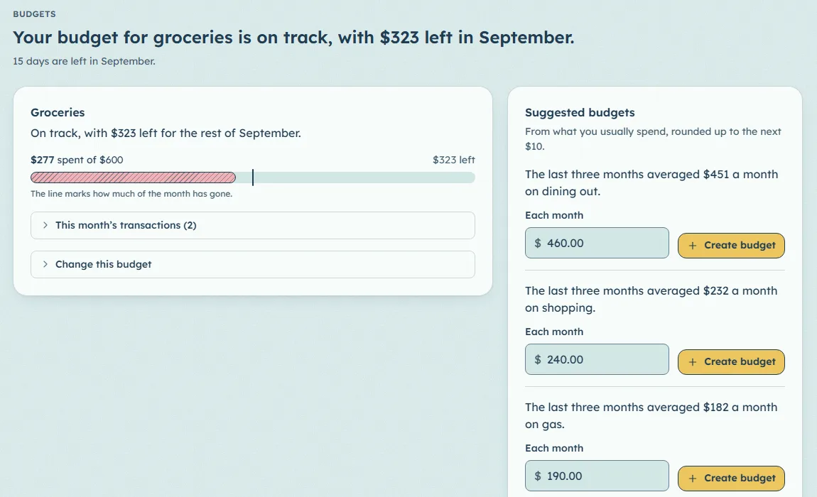 A groceries budget with $323 left, beside budgets suggested from usual spending.