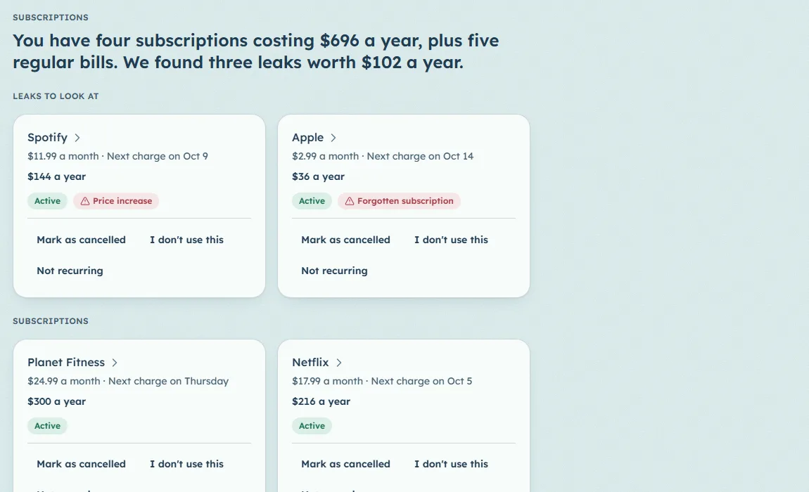 Subscriptions with two leaks flagged: a price increase and a forgotten subscription.